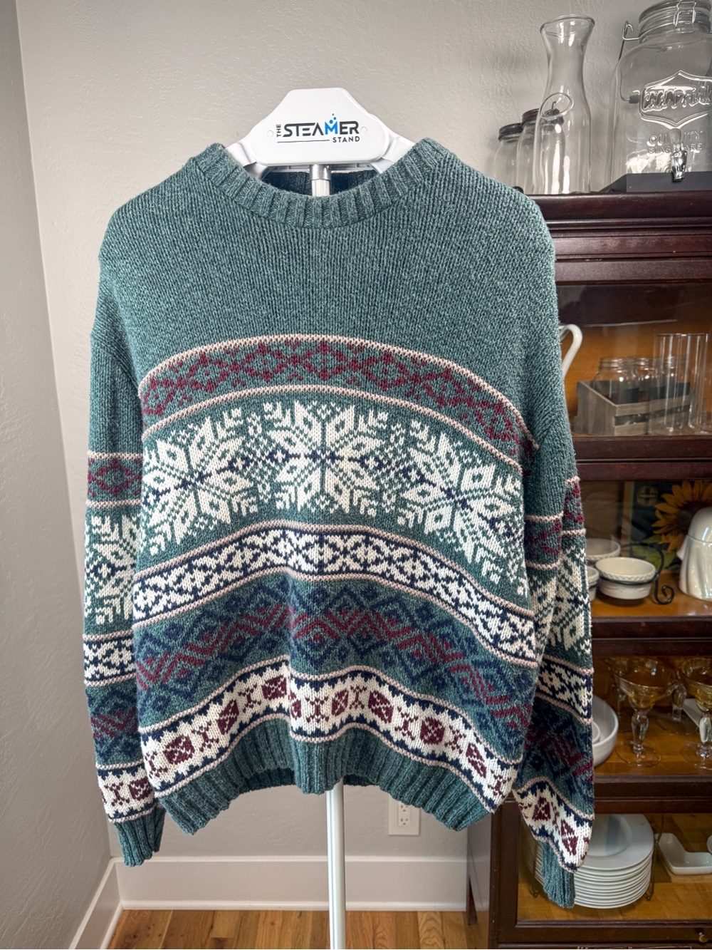 Vintage Woolrich USA Fair Isle Snowflake Cotton Knit Sweater Forest Green XL